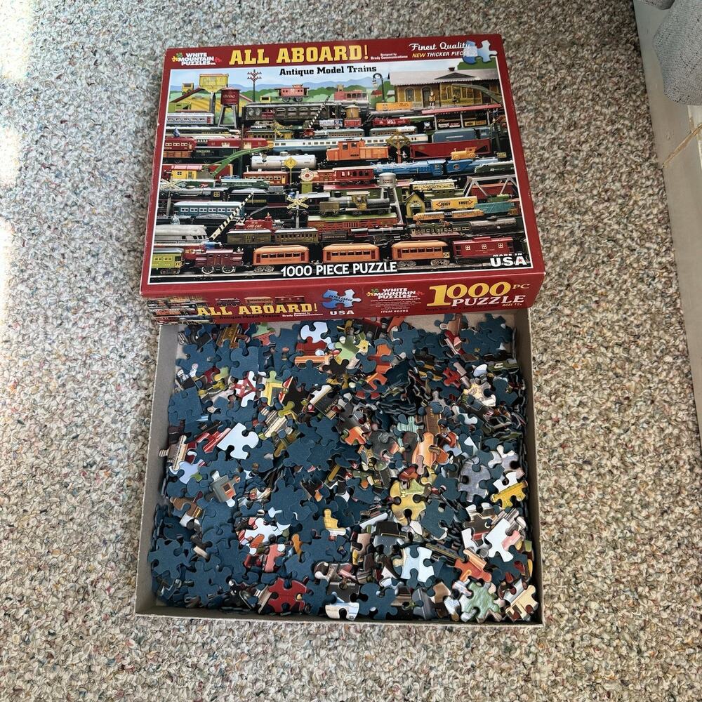 White Mountain Puzzles All Aboard Antique Model Trains 1000 Made in USA Complete - Picture 4 of 4